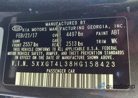 2017 Kia Optima Lx from USA, damaged, VIN 5XXGT4L38HG158423